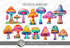 colorful mushrooms digital clipart set