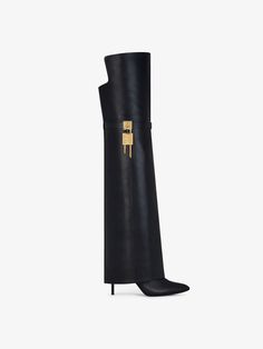 Shark Lock Stiletto over-the-knee boots in leather - black | Givenchy US Shark Lock Boots, Givenchy Shark, Givenchy Boots, Almond Toe Boots, Slip On Boots, Dream Shoes, High Heel Boots, Leather Band, Over The Knee Boots