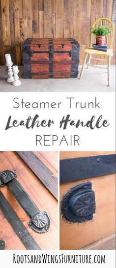 an old trunk is repurposed with leather and some other things to make it look like