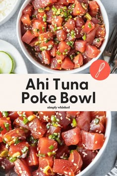 two bowls filled with poke - bowl food and the title reads ahi tuna poke bowl