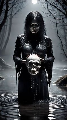 a woman with long hair and makeup holding a skull in the middle of a body of water