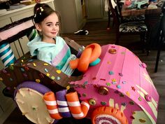 Vanellope Von Schweetz Costume, Kindy 500, Stroller Costume, Cardboard Cars, Advertisement Ideas, Family Themed Halloween Costumes, Racer Car, Candy Car, Cardboard Car