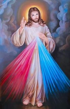 the image of jesus is painted in blue, red and white