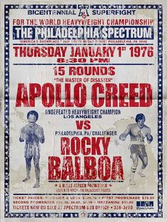 an old concert poster with two men in boxing gear, one holding a ball and the other