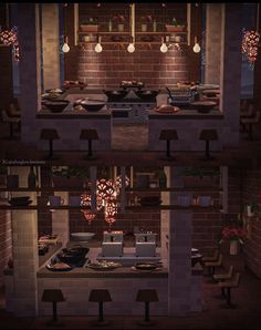 an animated rendering of a kitchen and dining area in a house with lights on the windows