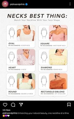 Necklines For Round Face Shape, Necklines For Oval Face Shape, Neckline For Round Face Shape, Necklace For Round Face, Face Shape Neckline, Type Of Neck, Pear Body Shape Outfits, Oblong Face, Outfit For Petite Women