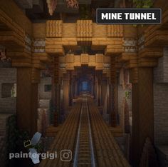 an image of a minecraft tunnel with train tracks in the foreground and trees on either side