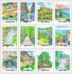 six watercolor paintings of waterfalls and mountains