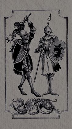 an illustration of two knights with swords and shields