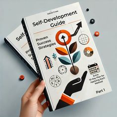 a hand is holding two books on self - development and the other one has an arrow