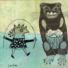 a drawing of a cat and a raccoon holding hands