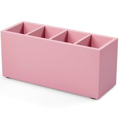 a pink box with four compartments on the front and one in the back, is shown