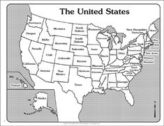 a map of the united states with all major cities and their name in black and white