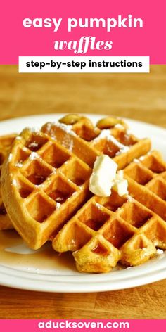 a white plate topped with waffles covered in butter