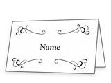 two place cards with name and scroll designs on them, one is blank for text