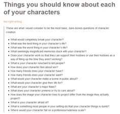 an image of a question sheet with the text things you should know about each of your characters