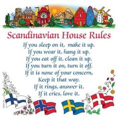 a cross stitch pattern with the words scandinavian house rules written in english and swedish on it