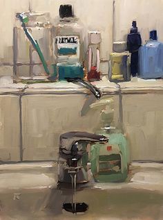 an oil painting of various items on a counter top in front of a sink with a faucet