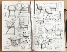 an open notebook with sketches of chairs and tables