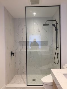 a bathroom with a walk in shower next to a white toilet and sink under a mirror