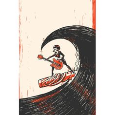 a drawing of a man on a surfboard riding a wave with an electric guitar