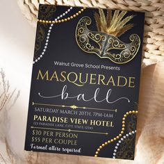 a masquerade ball party flyer with beads and a mask on the black background