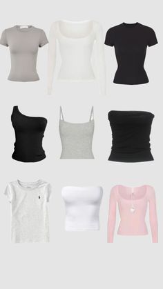 six different types of crop tops in various colors and sizes, including white, black, pink