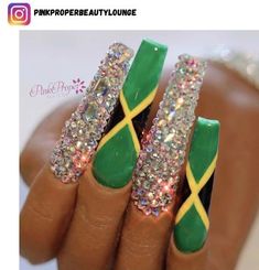 44+ Jamaican Nail Designs for 2024 - Nerd About Town Jamaica Nail Designs, Jamaican Independence Day, Long Acrylic Nail, Long Acrylic Nail Designs, Ombre Nails Glitter