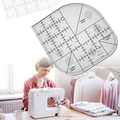 a woman working on a sewing machine in front of a diagram over which she is using the sewing machine