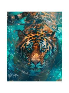 a tiger swimming in the water with its head above the water's surface and looking at the camera