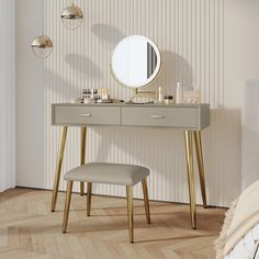 a dressing table with a mirror and stool next to it on the floor in front of a wall