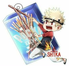 an anime character holding a stick with fire on it's back and pointing to the side