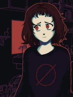 a girl with red eyes is staring at the camera