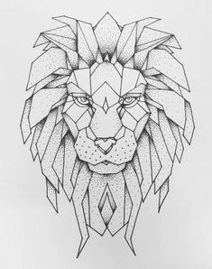 a black and white drawing of a lion's head with geometric lines on it