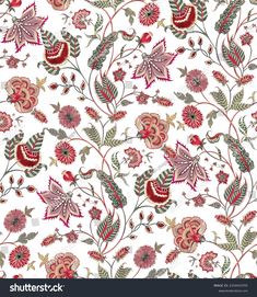 a floral pattern with red flowers and green leaves on white background stock photo - 9197