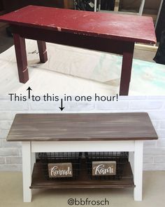 an old table turned into a bench with two crates underneath it and the bottom shelf is painted white