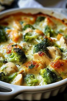 a casserole dish with broccoli, chicken and cheese in it on a table