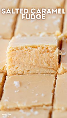 salted caramel fudge is cut into squares and stacked on top of each other