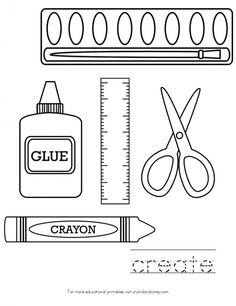 crayon pencil, ruler and glue on a white background with the word glue