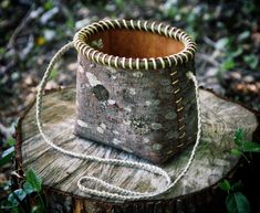 a small wooden basket sitting on top of a tree stump in the woods with rope wrapped around it