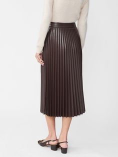 Leather weather. A pleated midi skirt crafted in soft vegan leather, Evey is made to answer autumn's every call. | J.McLaughlin Women's Evey Vegan Leather Skirt Dark Brown, Size 2 Vegan Leather Skirt, J Mclaughlin, Women's Skirts, Pleated Midi Skirt, Skorts, Leather Skirt, Vegan Leather, Dark Brown, Midi Skirt