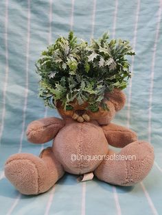 a teddy bear holding a potted plant on its back