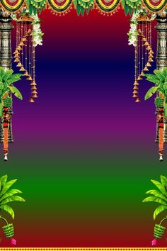 an image of a colorful background with flowers and bells on the front, along with palm trees