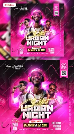 the flyer for urban night is shown in pink