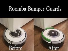 two images of the same robot cleaning on wood floors, one with green and white trim