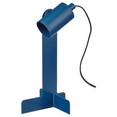 a blue lamp with a black cord attached to it