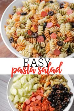 two bowls filled with pasta salad and the words easy pasta salad in red overlay