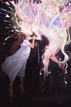 a painting of a woman with her hair blowing in the wind and stars around her