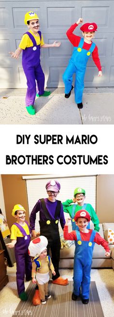 three different costumes are shown with the words diy super mario brothers costumes