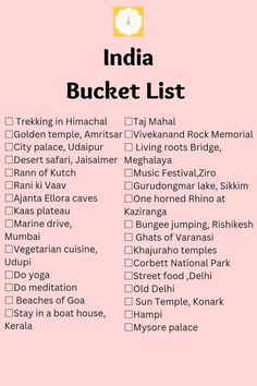 the india bucket list is shown on a pink background with black and white writing in it